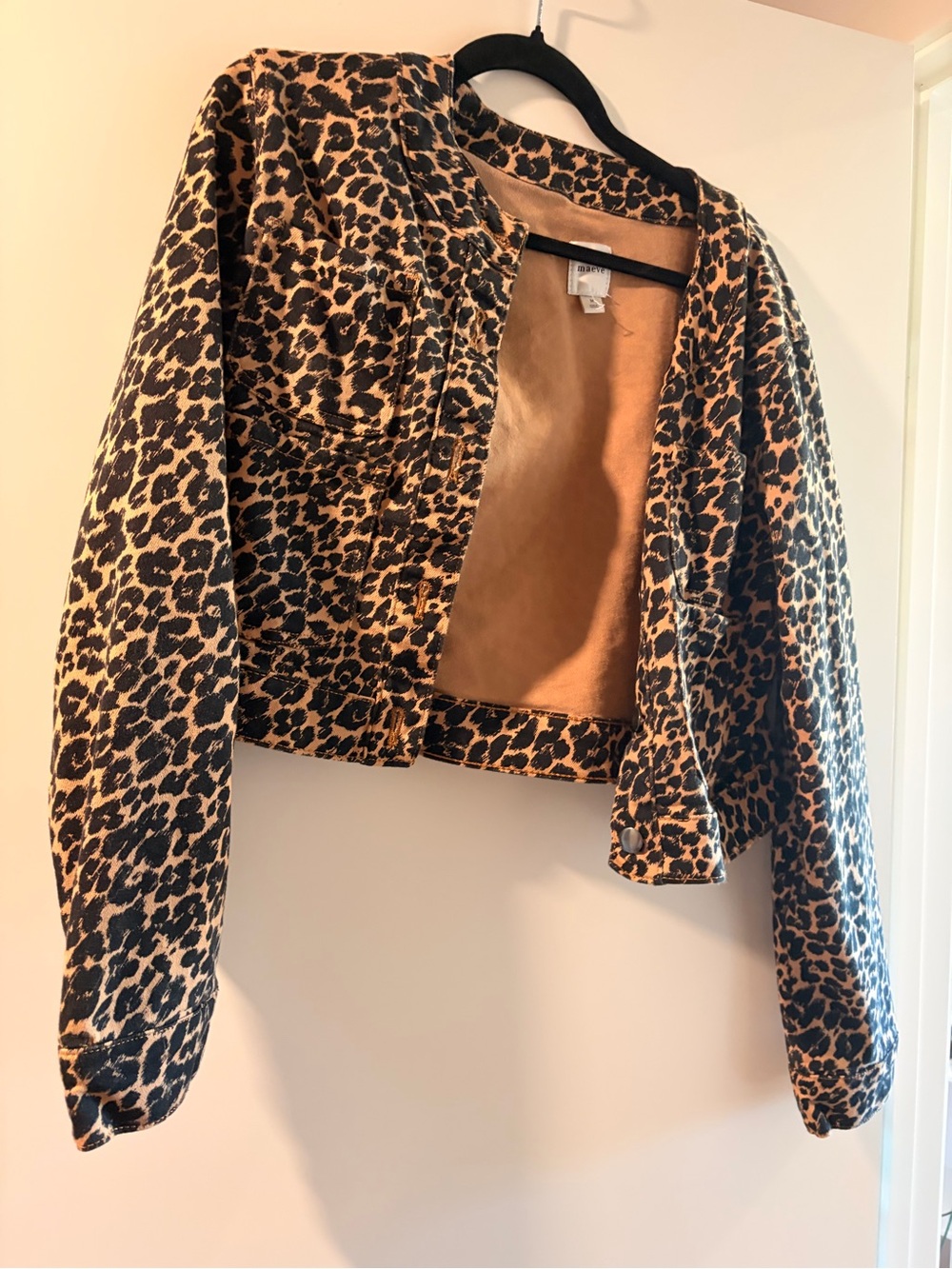 Maeve Leopard-Print Cropped Jean Jacket - Tan & Black